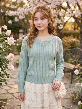 AXES FEMME himekaji coquette cable knit pearl and bijoux detail sweater